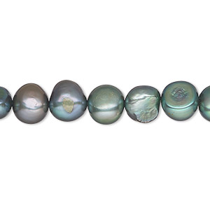 Pearl, cultured freshwater (dyed), spruce, 7-8mm flat-sided potato, D grade, Mohs hardness 2-1/2 to 4. Sold per 16-inch strand.