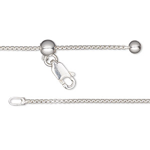 Chain, Gossamer&#153;, sterling silver and silicone, 1.2mm box with 4mm ball and 5mm adjustable slider bead, adjustable from 16 to 24 inches with lobster claw clasp. Sold individually.