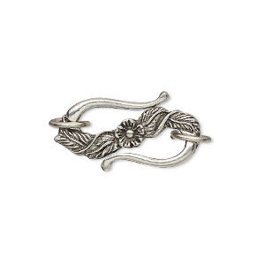 Clasp, S-hook, antiqued pewter (tin-based alloy), 24x14mm with floral design and (2) 8.5mm jump rings. Sold per pkg of 2.