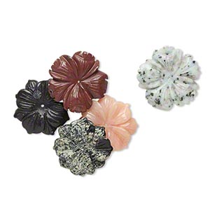 Bead and focal mix, multi-gemstone (natural / dyed / stabilized) and glass, mixed colors, 44x44mm-51x51mm carved flower, C grade. Sold per pkg of 5.