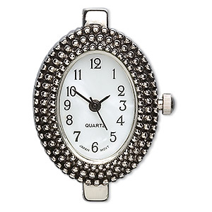 Watch face, glass and silver-finished &quot;pewter&quot; (zinc-based alloy), 25x20mm oval with dotted design. Sold individually.