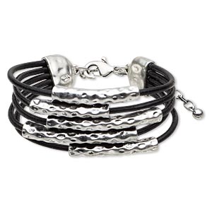Bracelet, 5-strand, leather (dyed) and antiqued silver-finished 