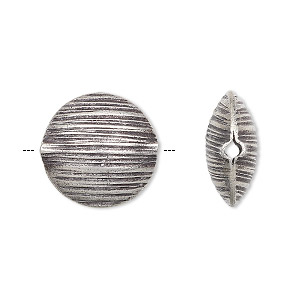 Bead, Hill Tribes, antiqued fine silver, 15mm double-sided puffed flat round with line design. Sold per pkg of 2.