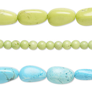 Bead mix, magnesite (dyed / stabilized), blue and green, 4-6mm round and small to medium nugget, Mohs hardness 5. Sold per (3) 15&quot; to 16&quot; strands.