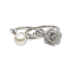 Ring, crystals / acrylic pearl / brass / imitation rhodium-plated &quot;pewter&quot; (zinc-based alloy), white / grey / crystal clear, 8mm round and 11mm flower, size 8. Sold per pkg of 2.