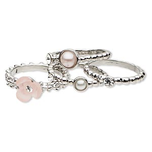 Ring, crystals / acrylic pearl / resin / imitation rhodium-plated &quot;pewter&quot; (zinc-based alloy), white / pink / crystal clear, 4-8mm wide with 9x9mm flower, size 8. Sold per pkg of 4.