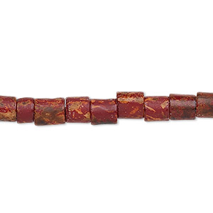 Bead, bone (dyed), red, 6x4mm hand-cut tube with speckles. Sold per 15-1/2&quot; to 16&quot; strand.