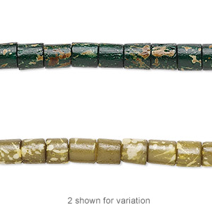 Bead, bone (dyed), green and tan, 6x4mm hand-cut tube with speckles. Sold per 15-1/2&quot; to 16&quot; strand.