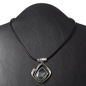 Necklace, leather / black lip shell (natural / dyed) / antique silver-plated &quot;pewter&quot; (zinc-based alloy) and steel, 42x41mm twisted diamond, 16 inches with 3-inch extender chain and lobster claw clasp. Sold individually.