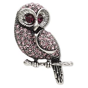 Brooch, glass rhinestone and antique silver-plated &quot;pewter&quot; (zinc-based alloy), lavender and purple, 42x26mm owl. Sold individually.