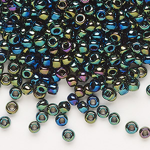 Seed bead, Dyna-Mites&#153;, glass, transparent rainbow iris, #6 round. Sold per 40-gram pkg.