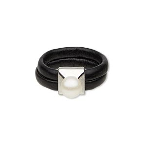 Ring, 2-strand, polyurethane / acrylic pearl / rhodium-plated &quot;pewter&quot; (zinc-based alloy), black and white, 8mm wide with 6mm round, size 7. Sold individually.