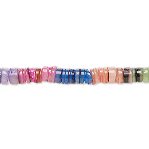 Bead, common hammer oyster shell (dyed), rainbow, 4-5mm hand-cut heishi, Mohs hardness 3-1/2. Sold per 24-inch strand.