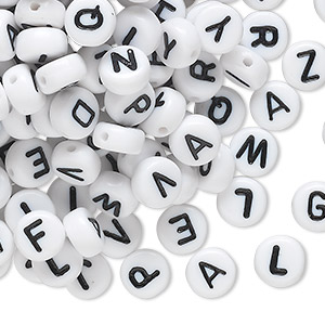 Bead mix, acrylic, opaque white and black, 7mm double-sided flat round with alphabet letters. Sold per pkg of 200.