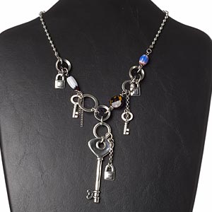 Necklace, glass / resin / silver- / antique silver-plated brass / &quot;pewter&quot; (zinc-based alloy) / steel, multicolored, 64x25mm key, 15 inches with 3-inch extender chain and lobster claw clasp. Sold individually.