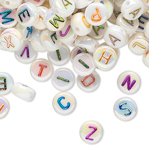 Bead mix, acrylic, white AB with multicolored alphabet, 7x4mm double-sided flat round with 1mm drill hole. Sold per pkg of 200.