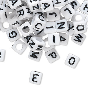 Bead mix, acrylic, opaque white and black, 6mm cube with alphabet letters. Sold per pkg of 100.