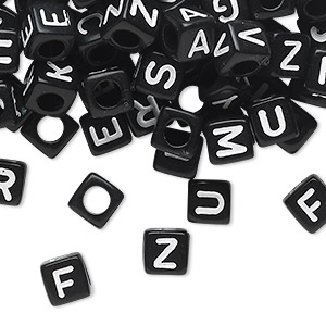 Bead mix, acrylic, opaque black and white, 6mm cube with alphabet letters. Sold per pkg of 100.