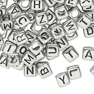 Bead mix, acrylic, opaque silver and black, 6mm cube with alphabet letters. Sold per pkg of 100.