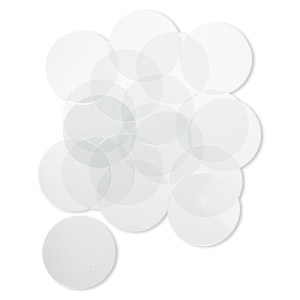 Design element, glass, clear, 1-1/2 inch flat round with cut edges. Sold per pkg of 20.
