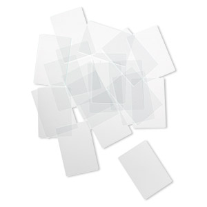 Design element, glass, clear, 1-1/2 x 1-inch flat rectangle with grounded edges. Sold per pkg of 20.