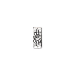 Spacer bar, sterling silver, 12x5mm 2-strand single-sided rectangle with raised flower design, 4.5mm between holes. Sold individually.
