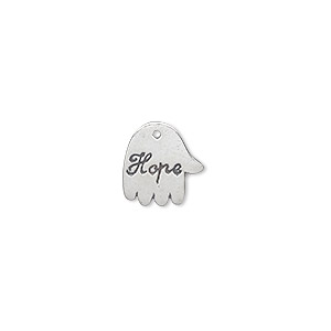 Charm, antiqued sterling silver, 12x10mm single-sided hand with &quot;Hope.&quot; Sold individually.