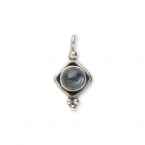 Drop, sterling silver and labradorite (natural), 14x8.5mm diamond with 5mm round cabochon. Sold individually.