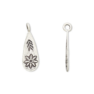 Drop, Hill Tribes, antiqued fine silver, 20x7mm teardrop with flower. Sold per pkg of 2.