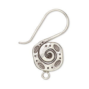 Ear wire, Hill Tribes, antiqued fine silver, 34mm fishhook with spiral and stamped dot design with closed loop, 17 gauge. Sold per pair.
