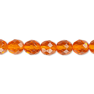 Bead, Czech fire-polished glass, transparent orange, 8mm faceted round. Sold per 15-1/2&quot; to 16&quot; strand, approximately 50 beads.