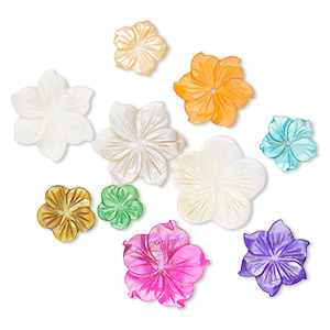 Bead mix, mother-of-pearl shell (bleached / dyed), mixed colors, 15x15mm-40x40mm hand-carved flower, Mohs hardness 3-1/2. Sold per pkg of 10.