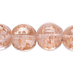 Bead, lampworked glass, pink with copper-colored glitter, 16mm puffed flat round. Sold per 15-1/2&quot; to 16&quot; strand.