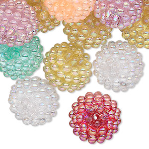 Bead mix, acrylic, assorted colors AB, 15mm round with razzleberry design. Sold per pkg of 50.