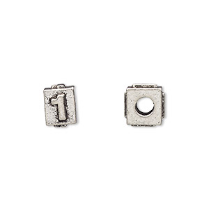 Bead, antiqued pewter (tin-based alloy), 8x6mm rectangle with number &quot;1.&quot; Sold per pkg of 4.