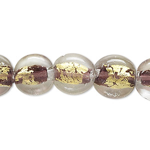 Bead, lampworked glass, purple and clear with gold-colored foil, 12mm flat round. Sold per 15-1/2&quot; to 16&quot; strand.