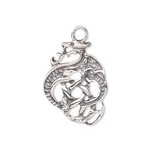 Drop, antiqued sterling silver, 25x18.5mm Celtic dragon. Sold individually.