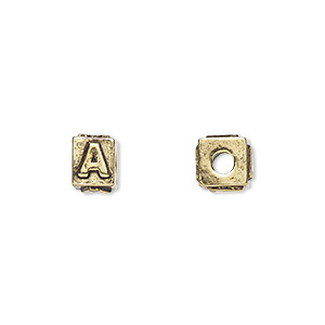 Bead, antique gold-plated pewter (tin-based alloy), 8x6mm rectangle with alphabet letter &quot;A.&quot; Sold per pkg of 4.