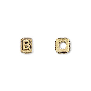 Bead, antique gold-plated pewter (tin-based alloy), 8x6mm rectangle with alphabet letter &quot;B.&quot; Sold per pkg of 4.
