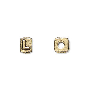 Bead, antique gold-plated pewter (tin-based alloy), 8x6mm rectangle with alphabet letter &quot;L.&quot; Sold per pkg of 4.