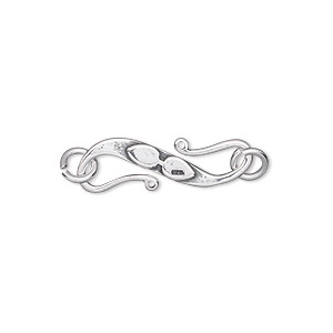 Clasp, S-hook, antiqued sterling silver, 22x7mm double-sided flat with raised leaf design and (2) 5mm open jump rings. Sold individually.