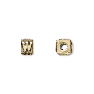 Bead, antique gold-plated pewter (tin-based alloy), 8x6mm rectangle with alphabet letter &quot;W.&quot; Sold per pkg of 4.