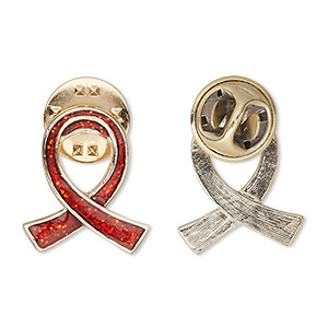 Pin, gold-finished &quot;pewter&quot; (zinc-based alloy) / enamel / epoxy, transparent red with glitter, 20x17mm single-sided awareness ribbon. Sold individually.