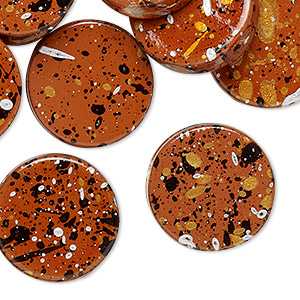 Bead, acrylic, orange with gold/silver/black speckles, 19mm flat round. Sold per pkg of 70.