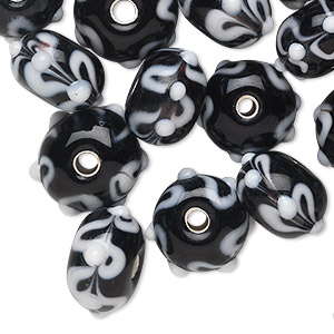 Bead, lampworked glass, black and white, 13x9mm bumpy rondelle. Sold per pkg of 24.