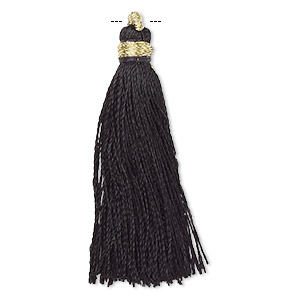 Tassel, silk (imitation) and gold-finished copper, black, 1-3/4 to 2 inches. Sold per pkg of 12.