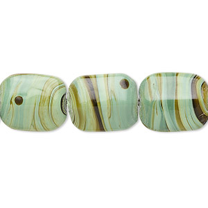 Bead, lampworked glass, green/brown, 14x11mm-17x13mm domed rectangle. Sold per 15-1/2&quot; to 16&quot; strand.