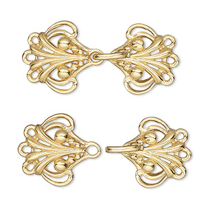 Clasp, JBB Findings, 3-strand hook-and-eye, &quot;vermeil,&quot; 30x16mm with baroque design. Sold individually.