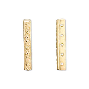 Spacer bar, JBB Findings, &quot;vermeil,&quot; 26x3.5mm 5-strand filigree rectangle, 5mm hole to hole. Sold individually.