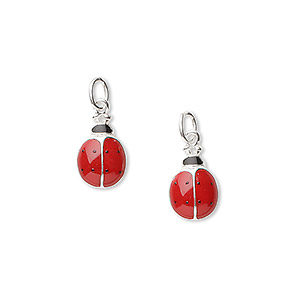 Charm, sterling silver and enamel, red, 10x7mm ladybug. Sold per pkg of 2.